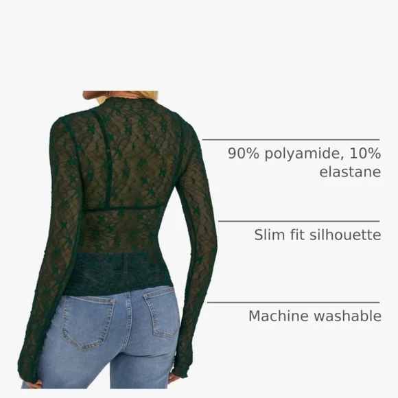 Sheer Lace Long Sleeve Top - Green. W-51 - Picture 2 of 3